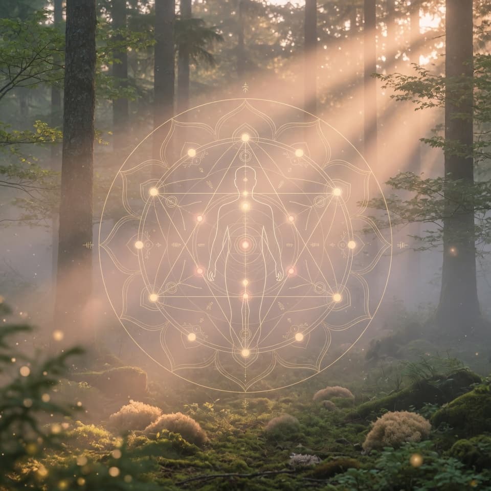 Symbolic representation of a Human Design blueprint: a golden mandala with chakras around a human silhouette in a misty forest at dawn.